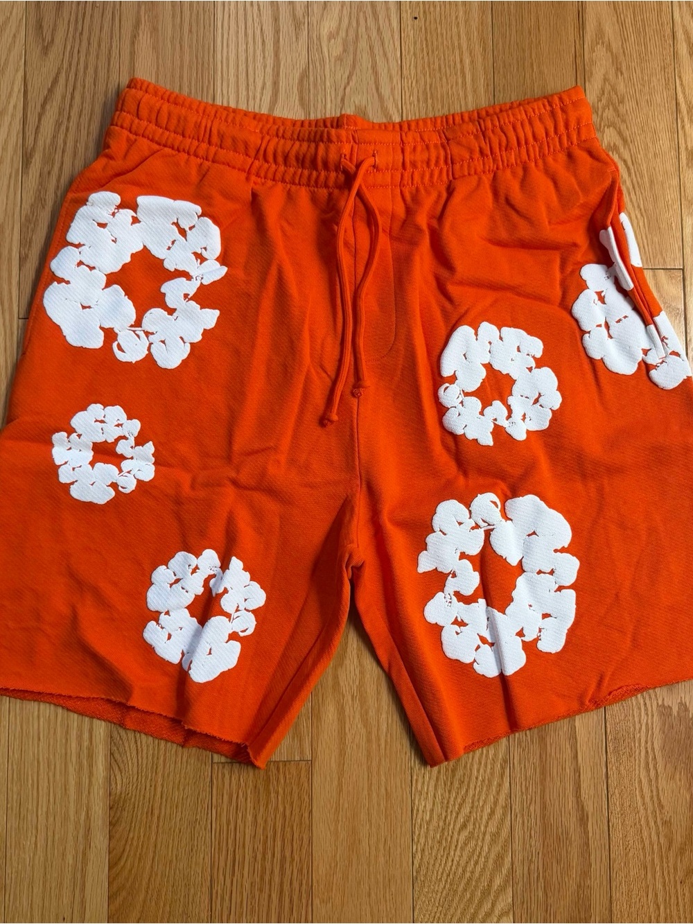 Orange Men’s Denim Tear Floral Graphic Drawstring Shorts
